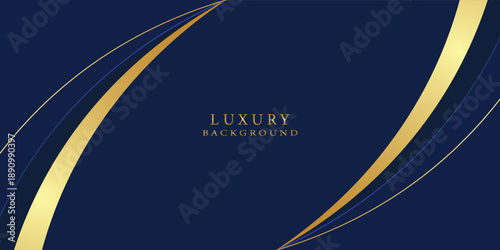 Dark navy blue and gold curve shapes on background with glowing golden striped lines and glitter. Luxury and elegant. Abstract template design. Design for presentation, banner. modern