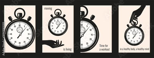 Sports poster. Vector illustration Stopwatch in black hands with sport bold message isolated beige background. EPS 10