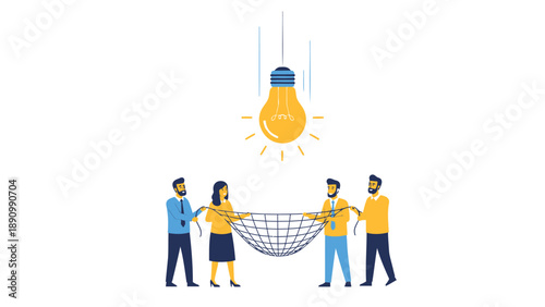 Four people holding a net under a glowing light bulb idea teamwork concept