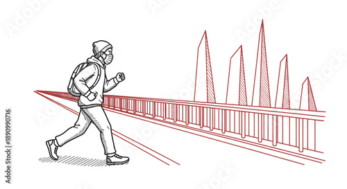 A person wearing a protective face mask and backpack is actively moving through an urban environment, depicted in a stylish sketch with red architectural accents.