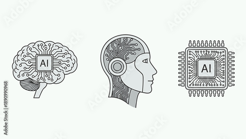 Artificial intelligence concept with brain human head and microchip illustrations