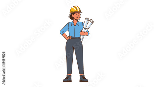 Confident female engineer wearing hard hat holding blueprints standing with one hand on hip
