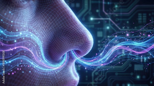Nose with abstract waves for olfaction concept. Abstract digital representation of a face with data flow.