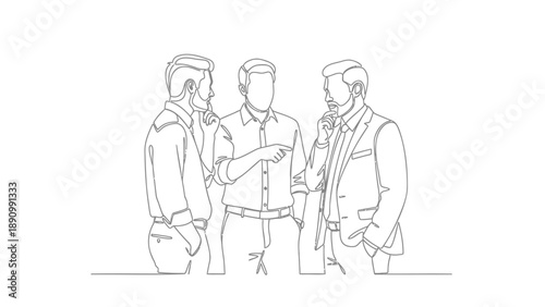 Three businessmen in a meeting or discussion with gestures and engaged expressions