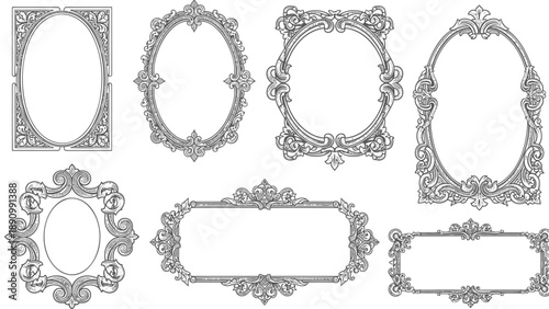 Ornate vintage frame borders set for illustrations and designs in black and white