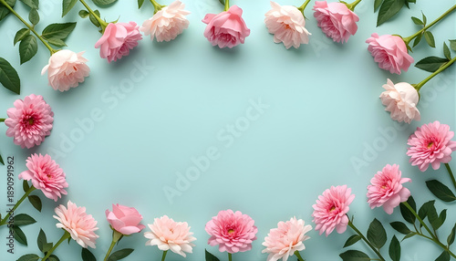 Pink Floral Circular Frame with Copy Space on Mint Background, Elegant Flower Border