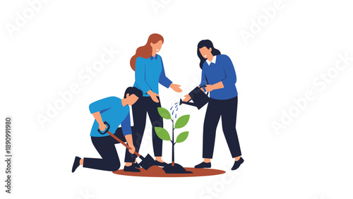 Three people planting and watering a young green plant together outdoors