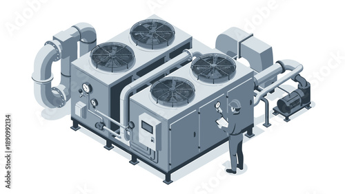 Industrial hvac system with four fans and piping on white background for heating and cooling