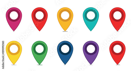 Set of ten colorful map pin icons in various bright shades used for navigation location tracking and destination marking.