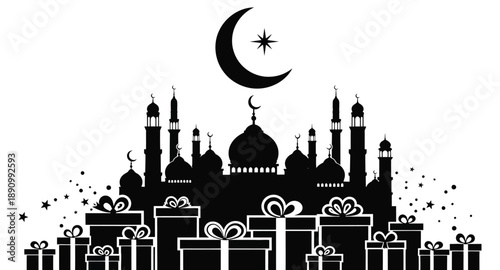 Islamic crescent moon and mosque silhouette with gift boxes and stars