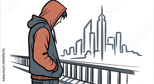 A young, contemplative individual, dressed in a hoodie, stands on a bridge overlooking a modern city skyline, reflecting on urban life.