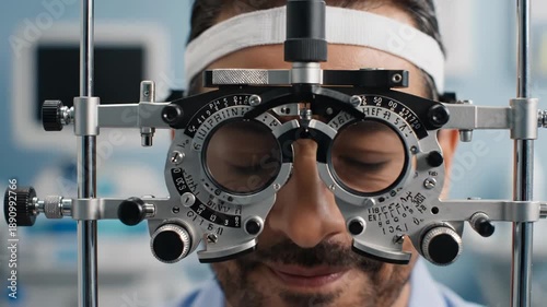 Man with brown skin and short dark hair wearing white headband and blue shirt looking through eye exam device in blurry blue room
