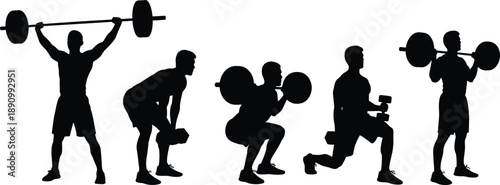 Black Silhouette Vector Set of Male Bodybuilders Lifting Barbell and Dumbbells Performing Squats Lunges and Overhead Press for Gym Fitness Training