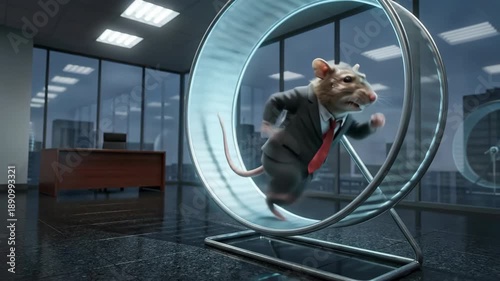Anthropomorphic rat in suit runs on hamster wheel in office. Businessman rodent symbolizing endless corporate grind and work stress