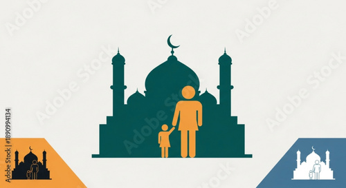 Father and son standing in front of a mosque at sunset with crescent moon islamic architecture and family bonding concept