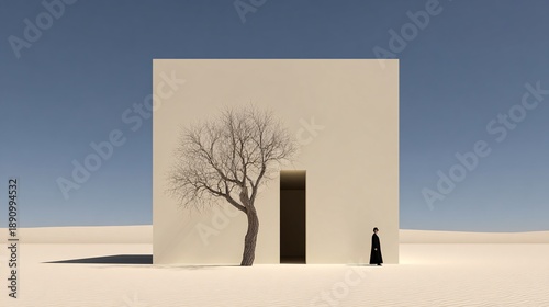 Timeless minimal surreal scene with strong visual metaphor, copy space
