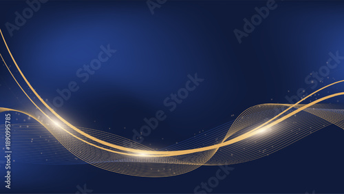 Abstract blue background with elegant flowing gold lines and luxury glowing sparks