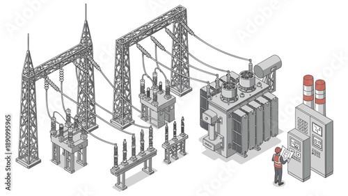 Detailed technical illustration of electrical substation with transformer and transmission towers featuring worker in uniform