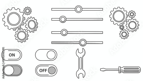 Mechanical icons set including gears sliders toggle switches wrench and screwdriver for industrial design and technology concepts