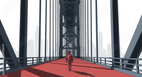 Stylized digital illustration of a solitary figure walking on a vivid red pathway through a large steel bridge structure. The bridge features geometric vertical and diagonal beams, creating strong per