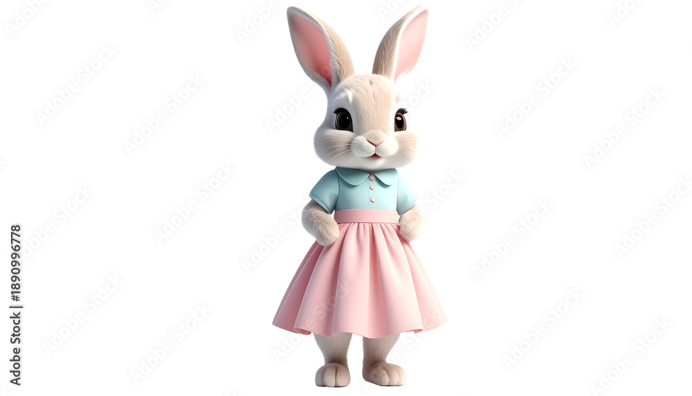 Obraz premium Adorable rabbit dressed in a light blue shirt, pink dress, & standing against black