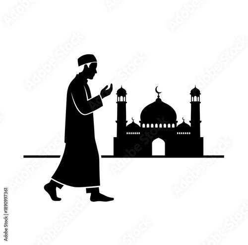 Muslim man walking towards mosque for prayer.