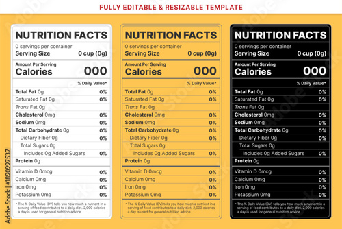 Nutrition facts label design template. Nutrition label template for food packaging vector. FDA standard.
