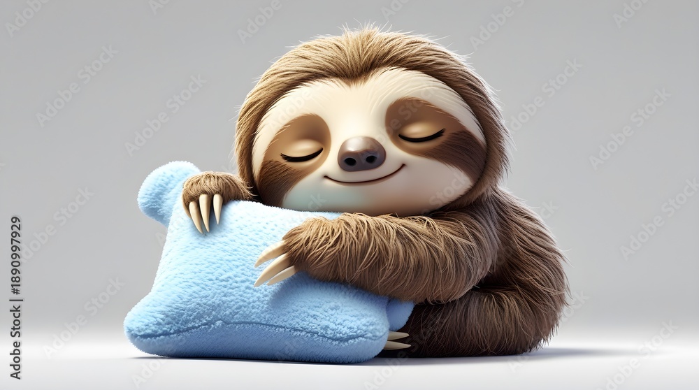 Fototapeta premium Adorable 3D cartoon sloth with soft brown fur peacefully hugging a cozy blue pillow, eyes closed, dreaming sweetly against a simple grey background, evoking comfort and cuteness.