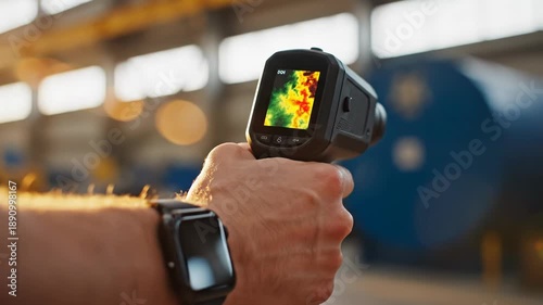 Person using a thermal imaging camera in an industrial setting with a watch on their wrist and a blurred background