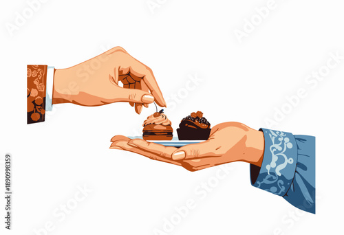 Elegant hands exchanging a platter of decorative cupcakes with intricate icing and cherry topping against a minimalist white background