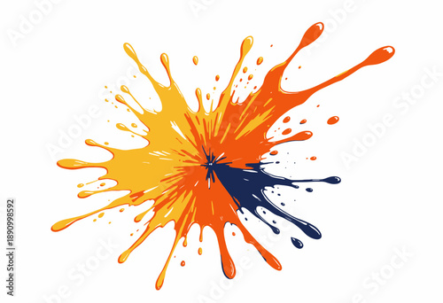 Dynamic Explosion of Vibrant Colors: Abstract Splashes Converging in a Burst of Orange, Red, and Blue on a Pristine White Background