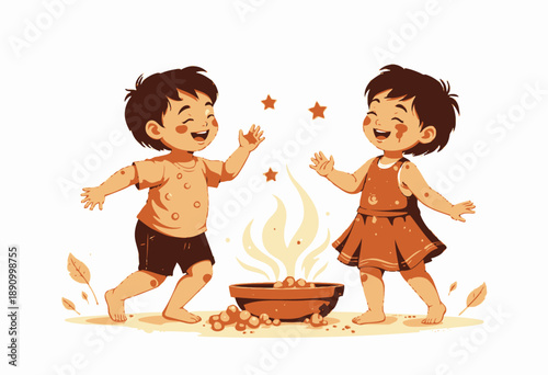 Two Happy Children Playing Together Outdoors with a Bowl of Fruit Under a Starry Sky, Sharing Joyful Moments and Creating Lasting Childhood Memories