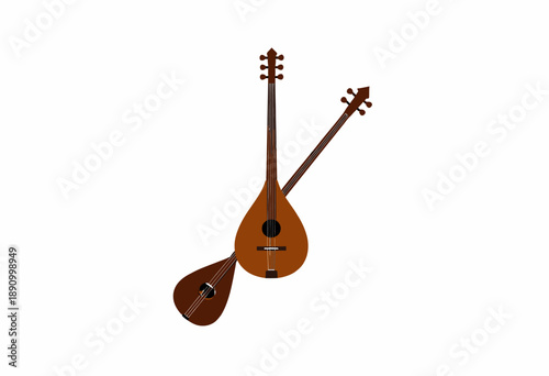 Illustration of two traditional stringed musical instruments showcasing intricate wooden craftsmanship and detailed string arrangements against a clean white background