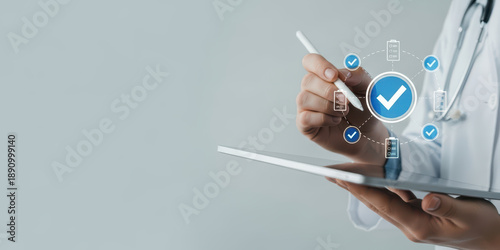 Professional doctor health care assessment with checklist medicine review patient treatment medicals technology stethoscope record document management report electronic online tablet research