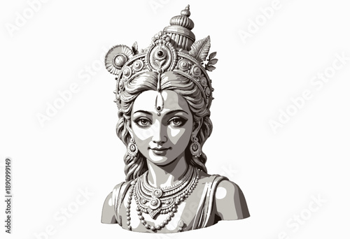 Intricately Carved Stone Sculpture of a Divine Figure Adorned with Ornate Headdress and Delicate Jewelry in Classical Art Style