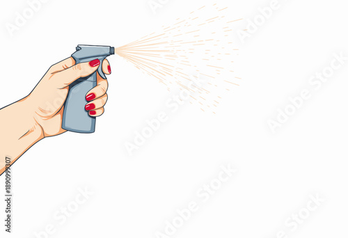 Illustration of a Hand with Red Nails Spraying Fine Mist from Blue Trigger Spray Bottle on White Background