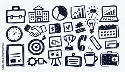Business and office hand drawn doodle icon set with professional symbols like briefcase clock and handshake