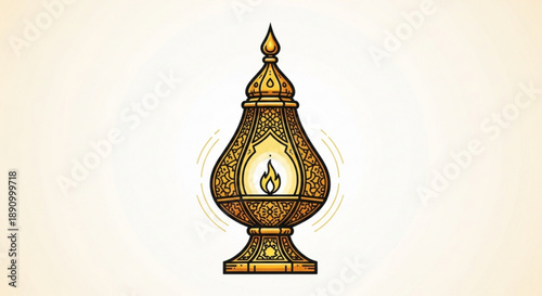 Golden ornate lantern with flame intricate patterns warm lighting decorative lamp festive ambiance cultural symbol traditional design glowing light elegant shape ornamental piece