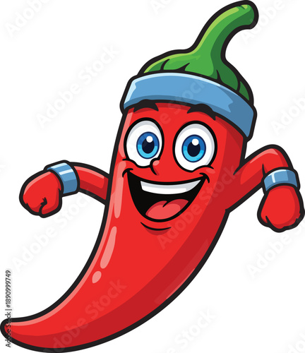 A bright cartoon red chili pepper character with big blue eyes, wearing a blue sporty headband