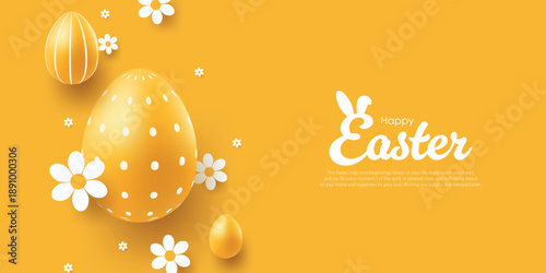 Yellow easter egg background with white floral elements and festive greeting design, vector illustration EPS10.