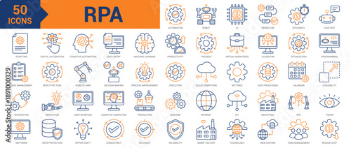 RPA colored line icon collection set. Containing automation, robot, production, AI, workflow, efficiency, accuracy, optimization, software, integration, digital transformation, IoT, algorithm icons