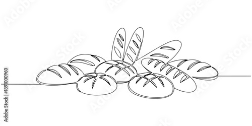 Continuous one line of a bakery display with bread, continuous line minimalism symbolizing artisanal baking, drawn vector illustration.