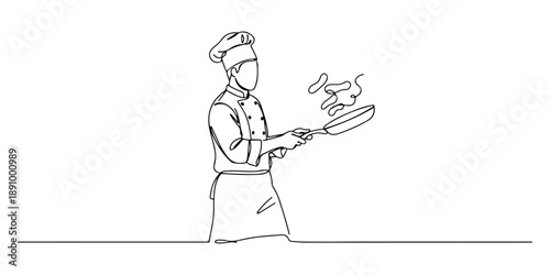 Continuous one line of a chef flipping a pan, symbolizing culinary skills, drawn vector illustration.