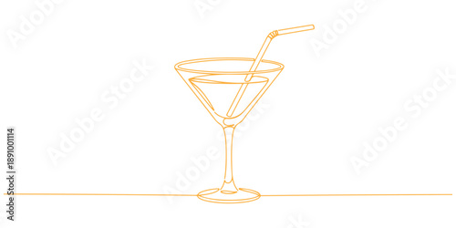 Continuous one line of a cocktail glass with straw, symbolizing beverage presentation, drawn vector illustration.