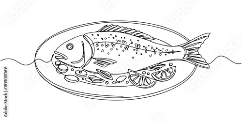 Continuous one line of a fish on a plate with garnish, symbolizing seafood cuisine, drawn vector illustration.
