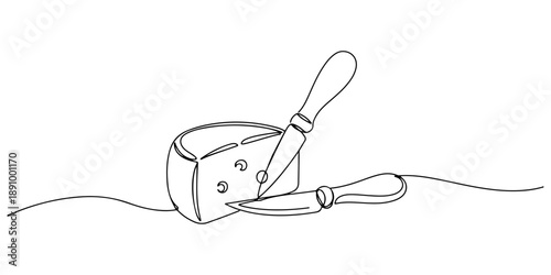 Continuous one line of a cheese wedge and knife, symbolizing culinary ingredients, drawn vector illustration.