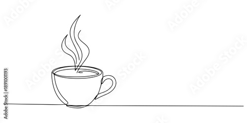 Continuous one line of a coffee cup with steam, representing cafe culture, drawn vector illustration.