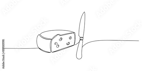 Continuous one line of a cheese wedge and knife, symbolizing culinary ingredients, drawn vector illustration.
