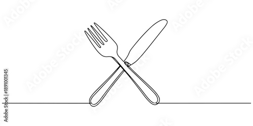 Continuous one line of a fork and knife crossed, symbolizing dining and food culture, drawn vector illustration.