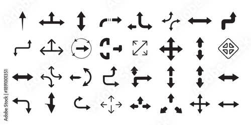 Set of black bold arrows icons in various shapes for navigation ui elements isolated on white background flat